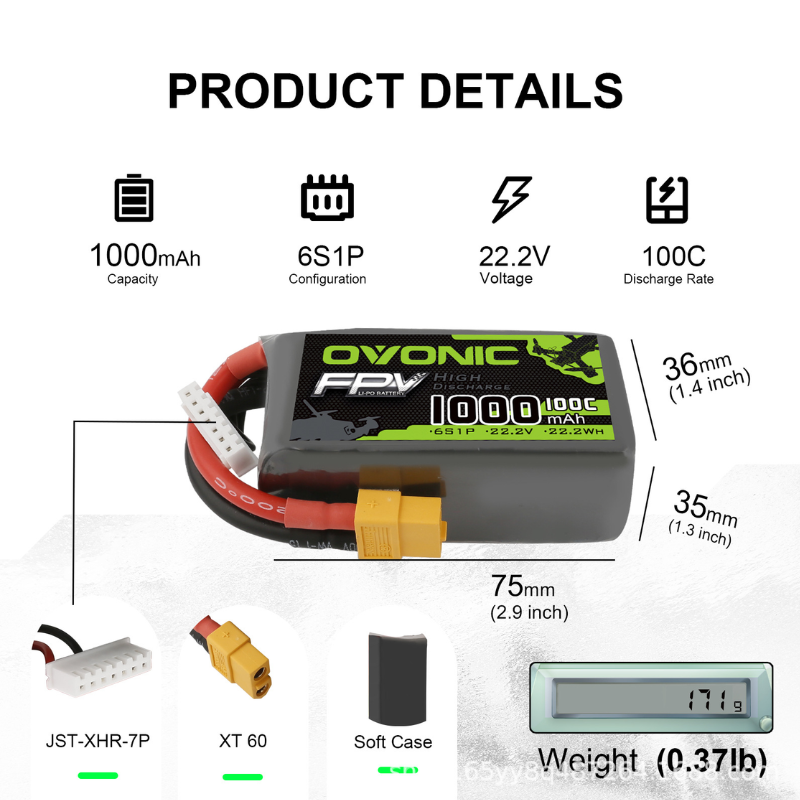2 Baterías LiPo OVONIC de 1000 - Drone Battery Li-Ion reseña y precio